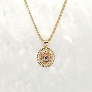 14 Karat Tri-colored Gold Virgin Mary Medallion with White Zircon Stones